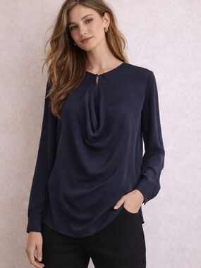 Vince 100% Silk Draped Cowl Neck Blouse – Navy | Size 10